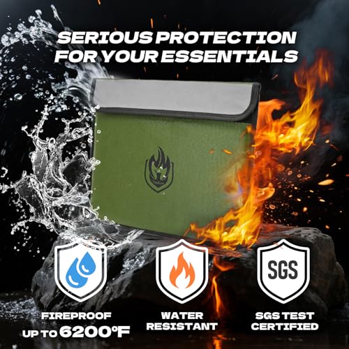 2 Pockets Fireproof Document Bag 6200°F, 10 Layers Waterproof Fireproof Money Bag for Cash with Reflective Strip, Heat Insulated Waterproof Document Holder Pouch, Fire Safe Storage (Green) - color: Green