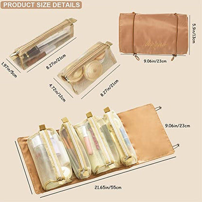 Roll Up Makeup Bag, Hanging Toiletry Bag, 4 in 1 Detachable Cosmetic Bag, 4 Removable Storage Bags, Travel Makeup Organizer Bags for Women Men(Khaki) - color: Khaki