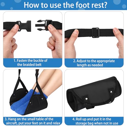 Yerliker Airplane Foot Hammock(Memory Foam) with Earplugs and Eye Mask Travel Necessities Adjustable Airplane Desk Foot Rest for Long Trip Pain and Swelling Relief(Black) - color: Black