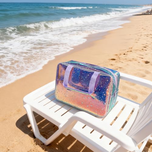Holographic Purple Star Large Cosmetic Bag and Travel Pouch with Handle,Durable Material,Zipper Design-Ideal for Makeup,Travel Essentials (Purple Handle) - color: Purple Handle