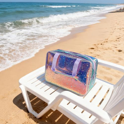 Holographic Purple Star Large Cosmetic Bag and Travel Pouch with Handle,Durable Material,Zipper Design-Ideal for Makeup,Travel Essentials (Purple Handle) - color: Purple Handle