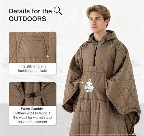 ONETIGRIS Camping Blanket Poncho with with Recycled Synthetic Insulation,Wearable Hoodie Blanket | Ultralight Water-Resistant Warm Camping Blanket for Outdoor, Hiking, Stadium - color: 1pc-brown