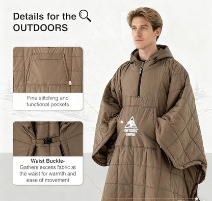 ONETIGRIS Camping Blanket Poncho with with Recycled Synthetic Insulation,Wearable Hoodie Blanket | Ultralight Water-Resistant Warm Camping Blanket for Outdoor, Hiking, Stadium - color: 2pcs-brown