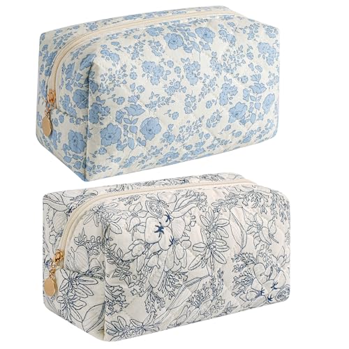 Makeup Bag Travel Cosmetic Bag for Women Girls, Zipper Make Up Pouch, Floral Flowers Toiletry Organizer Makeup, Portable Storage Bag, Cosmetic Travel Cloth Bag (Blue Floral+Navy Blue Flower) - color: Two Pack: (Blue Floral+Navy Blue Flower)