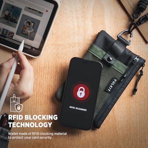 VULKIT RFID Blocking Travel Wallet for Men, Water Resistant Passport & Phone Holder with Detachable Lanyard and Key Ring, Lightweight Zipper Travel Wallet - color: Army Green Black
