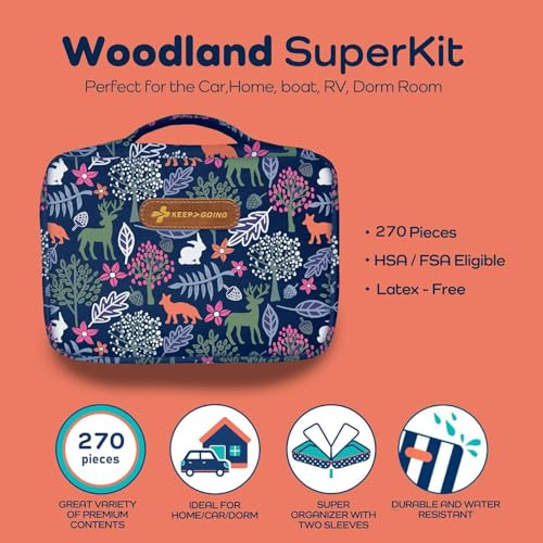 KeepGoing Large Home First Aid Kit for Kids – 270 Pc. for Car, Home, Dorm, & Boat with Latex-Free Bandages – 10 x 7 x 3.5 in. Travel First Aid Kit (Woodland) - style: Woodland