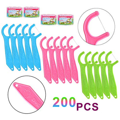 FAMILIFE Dental Floss Picks Kids flossers Toddler Threaders Children Unwaxed Unflavored Fluoride Free Dental Floss Child Kid Flossing Sticks with Travel Cases 200 Picks - color: Animal 200 Pcs