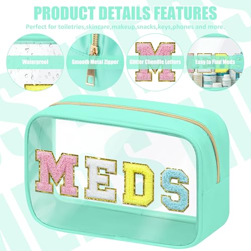 BuyCard Clear Meds Chenille Letter Bag, PVC Makeup Bag, Portable Preppy Patch Makeup Bag with Zipper, Cosmetic Toiletry Travel Storage Medicine Bag for Women Girls, Green - color: MEDS-Green, style: 1 Pcs-clear