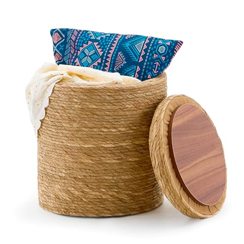 Wimarsbon Round Pouf Ottomans, Handwoven Natural Water Hyacinth Seagrass Pouffe,Outdoor Rattan Stool Accent Seat, Bohemian Coastal Home Decor (Storage - 14inch Natural Cattail) - color: Storage - 14inch Natural Cattail