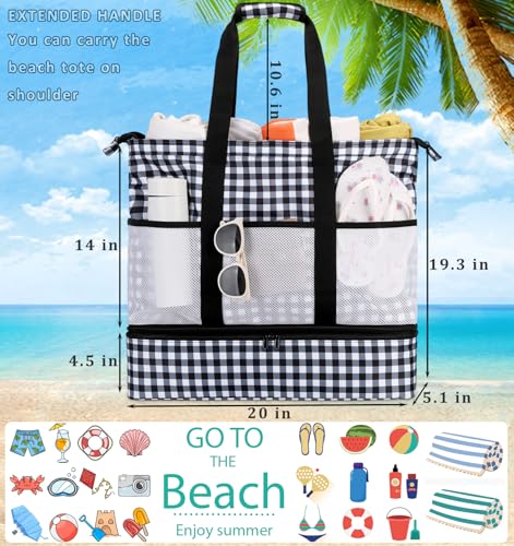 JIANYA Beach Bag Women Waterproof Sandproof Beach Tote Bags with Cooler Top Zipper Large Totes for Pool Travel Daily - color: Black Checked Pattern