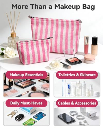 2 Pcs Makeup Bag Set, Women Gifts, Travel Cosmetic Bags, Canvas Make up Bag for Purse, Pink Striped Makeup Pouch with Zipper Lining, Cosmetic Storage Car Organizer, Portable Large & Small Toiletry - style: Striped Pink Canvas