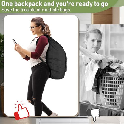 Laundry Bag Backpack, Large Travel Laundry Bags with Shoulder Straps & Mesh Pocket Durable Polyster Clothes Hamper Bag for College Laundromat Apartment (Black, Large) - color: Black, size: Large