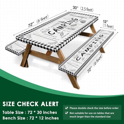 Picnic Table Cover with Bench Covers Elastic Edges, Farm Plaid Fitted Table Cover, Outdoor Patio Camping Essentials 72 Inch 3PCS, Waterproof Camping Fitted Tablecloth with Drawstring Bag - color: Plaid, size: 72in