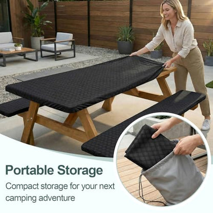 Play Tailor Picnic Table Cover with Bench Covers Camping Essentials Waterproof Windproof Camping Tablecloth with Drawstring Bag, Fitted Rectangle Tables and Seats, 72in, Black - color: Black, size: 72in