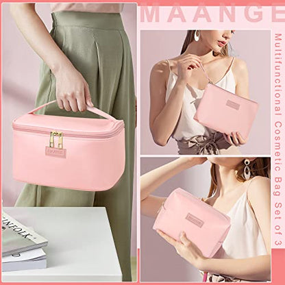 MAANGE Travel Makeup Bag - Large Makeup Bag with 2pcs Small Makeup Bag Portable Leather Cosmetic Bag Toiletry Bag Make Up Bags for Women and Girls (Pink) - color: Pink