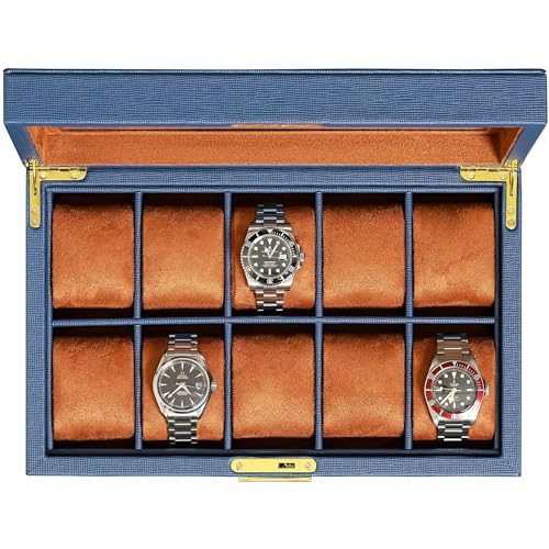 ROTHWELL 10 Slot Leather Watch Box - Luxury Case Display Jewelry Organizer - Locking Watch Display Case Holder with Large Glass Top - Box Organizer for Men and Women (Blue/Tan) - color: Blue / Tan