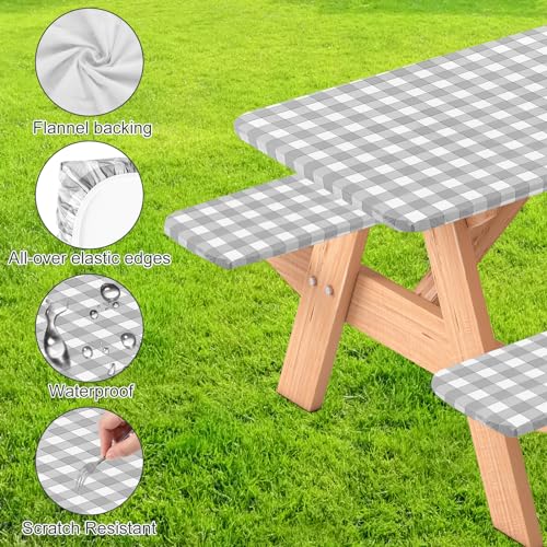 3 Pcs Set Fitted Picnic Table Cover with Bench Covers Vinyl Camping Table Cloth Flannel Backing Picnic Table Cloth for 6ft Tables Camping Outdoor (Gray Checked, 30 x 72 Inches) - color: Gray and White Plaid
