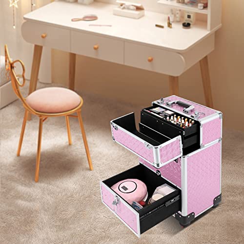 3in1 Rolling Makeup Train Case,Aluminum Trolley Case with 360° Rotation Wheels for Professional Salon Barber Traveling Cart Trunk Cosmetic Beauty Storage (Pink 18.5in) - color: Pink 18.5in