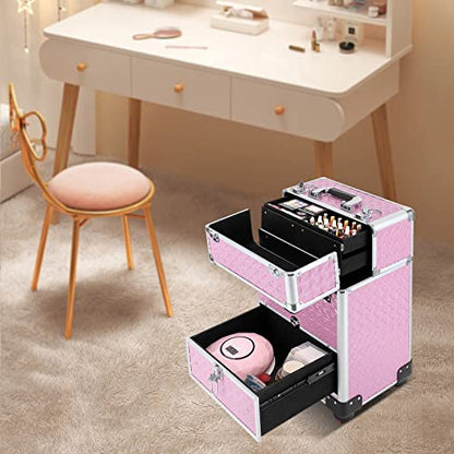 3in1 Rolling Makeup Train Case,Aluminum Trolley Case with 360° Rotation Wheels for Professional Salon Barber Traveling Cart Trunk Cosmetic Beauty Storage (Pink 18.5in) - color: Pink 18.5in