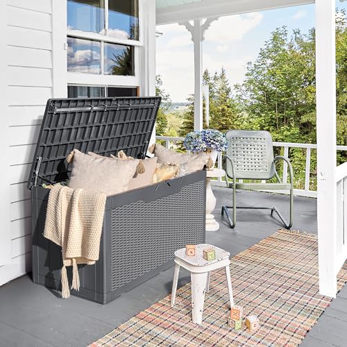 Devoko 97 Gallon Deck Box, Waterproof Resin Outdoor Storage Box for Outside and Patio, Large Outdoor Storage Bench Cabinet Lockable for Patio Furniture, Garden Tools and Pool Supplies (Gray) - color: Grey, size: 97 Gallon 1 Pack