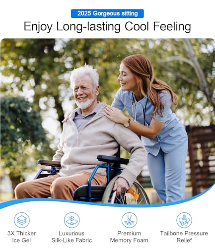 Wheelchair Seat Cushions Cooling, Ergonomic Seat Cushion, Waterproof Silk Fabric, Memory Foam Cooling Gel Office Chair Cushion for Hip Support, Relieve Sciatica, Back, Coccyx, Pressure Sore