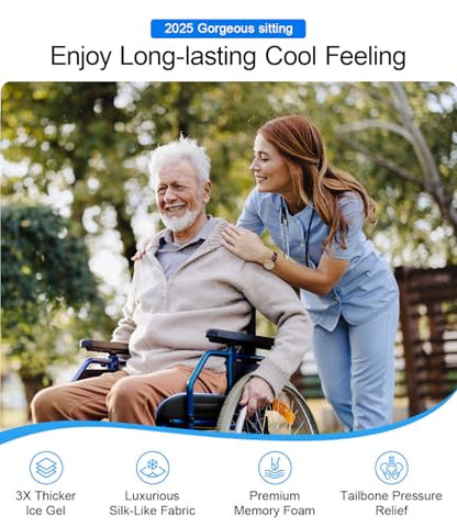 Wheelchair Seat Cushions Cooling, Ergonomic Seat Cushion, Waterproof Silk Fabric, Memory Foam Cooling Gel Office Chair Cushion for Hip Support, Relieve Sciatica, Back, Coccyx, Pressure Sore