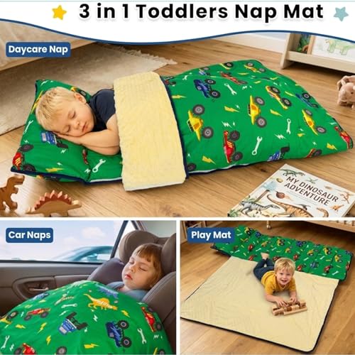 Primlect Toddler Nap Mat Extra Large Thickened 55''x35'', Soft Sleeping Bag with Detachable Minky Blanket and Pillow, Portable for Daycare, Preschool, Kindergarten, Travel, Boys and Girls - color: Green Truck