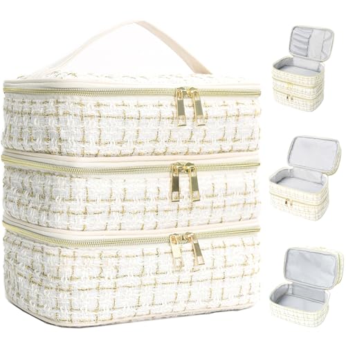 Travel Makeup Bag for Women Three Layer Large Cosmetic Case Water-resistant Toiletry Bag Organizer for Store Toiletries Cosmetic Accessories and Manicure Sets Gold White - color: Gold White