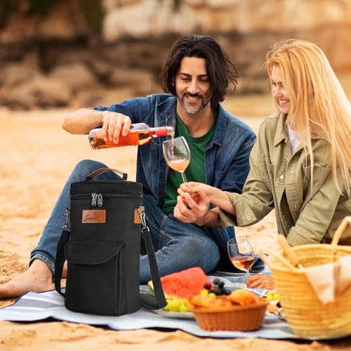 Tirrinia 2 Bottle Wine Gift Tote Carrier - Leakproof & Insulated with Large Pockets Wine Cooler Bag for Travel, Tasting, Party, Dinner - color: Black, size: 2 Bottle-with front pocket