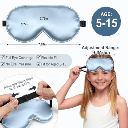 Kids Sleep Mask, Kids Eye Mask for Boys Girls, Kid Silk Eye Masks with Adjustable Strap for Sleeping, 100% Light-Blocking Sleep Eye Cover, Includes Protective Laundry Bag (Blue) - color: Blue