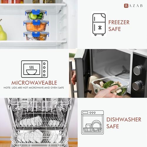 Razab 30 PC Glass Food Storage Containers with Lids - Reusable Glass Meal Prep Containers for Lunch and Leftovers - Airtight & Leakproof Snap Locking Lids - Oven, Freezer, Microwave, Dishwasher Safe - color: Blue