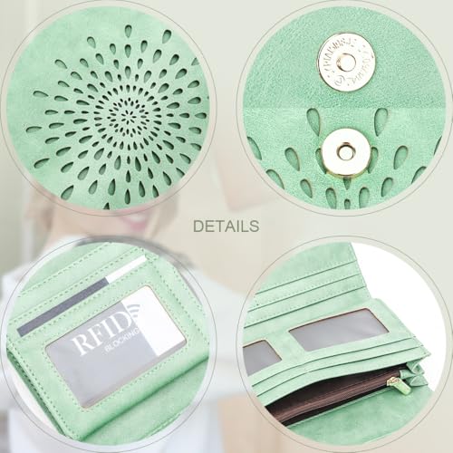 APHISON Womens Wallets RFID Blocking Leather Clutch Long Wallet for Women Card Holder Phone Organizer Ladies Travel Purse Hollow Out Sunflower Design Gift - color: A5-Peppermint Mambo Green