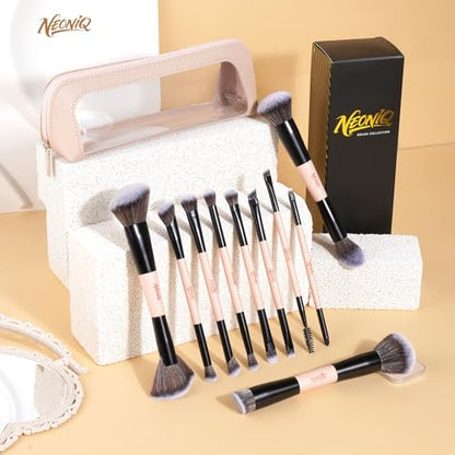 10 PCS Travel Makeup Brush Set With Bag, Makeup Brushes, Double-End Multi-functional Brushes for Foundation Powder Blush Eyeliner Eyeshadows, Professional Face Brush Set（Pink） - color: Pink