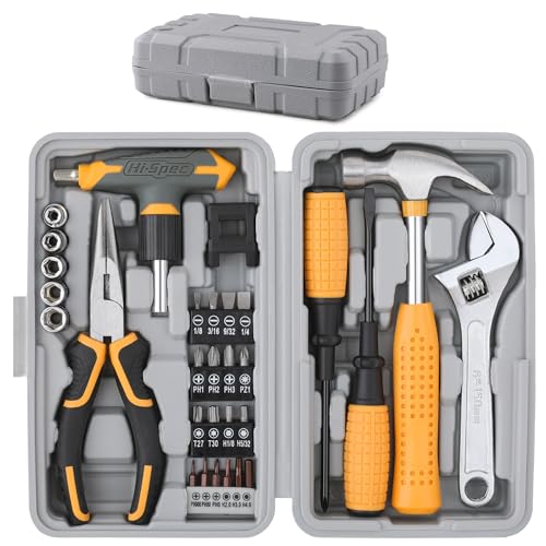Hi-Spec 30pc Magnetic T-Handle Ratchet Wrench and Screwdriver Set. Small Compact Hand Tool Kit Set with Sockets for Home & Car & Office. Toolkit Starter Repairs in a Portable Tool Box Case - color: Yellow