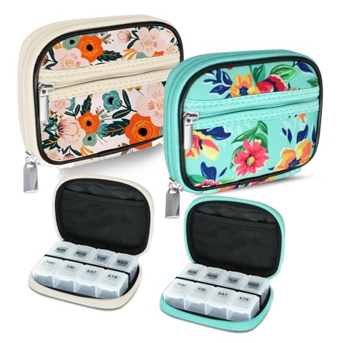 Serfeymi Weekly Travel Pill Organizer Pill Case for Purse with Removable 7 Day Pill Box, Fashionable Travel Medicine Organizer Pill Container for Medicine, Vitamin, Supplement - Bloom 01 + Green 01 - color: C. Bloom 01 + Green 01, size: 2 Cases + 2 Boxes