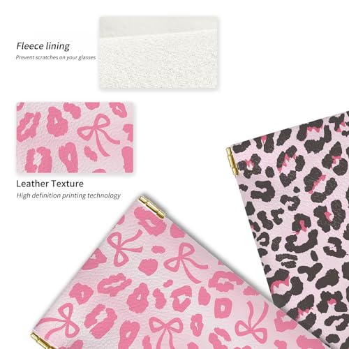 Glasses Case Soft, Eyeglass Cases for Women Portable Squeeze Top PU Leather 2 Pack Glasses Pouch with Cleaning Cloth - color: 2pcs Pink Leopard Print