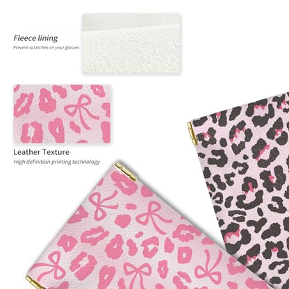 Glasses Case Soft, Eyeglass Cases for Women Portable Squeeze Top PU Leather 2 Pack Glasses Pouch with Cleaning Cloth - color: 2pcs Pink Leopard Print
