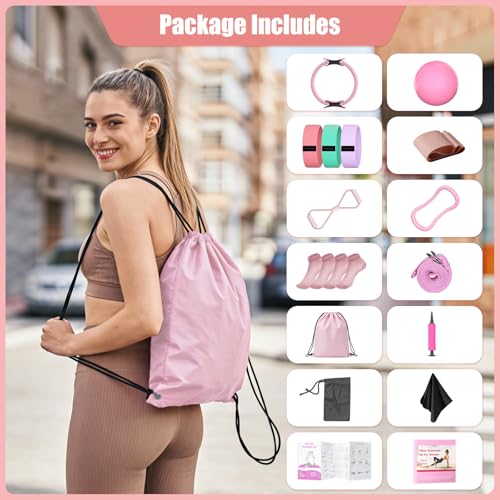 16 Pack Pilates Starter Kit for Women, Home Pilates Essentials Equipment Ring and Ball Set, Fabric Booty Bands, Guide, Pilates Workout Kit for Beginners at Gym Studio Travel