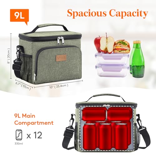 Lifewit Reusable Insulated Lunch Bag, Portable Cooler Freezable Soft Lunchbox Leakproof with Adjustable Shoulder Strap for Men Women Adult for Work Picnic or Travel, 9L 12 Can, Dark Green - color: Dark Green, size: Medium(9L)