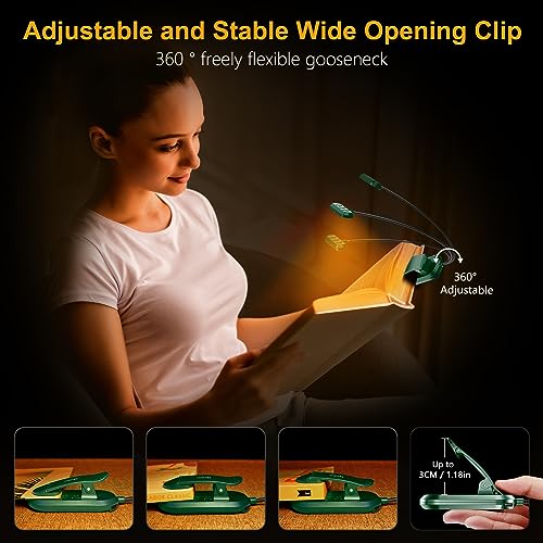 Gritin Rechargeable Book Light for Reading in Bed with 19 LED &Memory Function-Eye Caring 3 Color Temperatures,5 Brightness Levels,90 Hrs Runtime Flexible Goose Neck Clip on Light-Dark Green - color: Dark Green