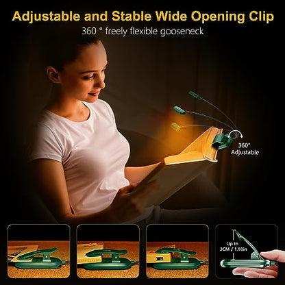 Gritin Rechargeable Book Light for Reading in Bed with 19 LED &Memory Function-Eye Caring 3 Color Temperatures,5 Brightness Levels,90 Hrs Runtime Flexible Goose Neck Clip on Light-Dark Green - color: Dark Green