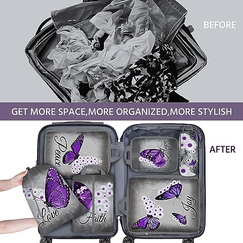6 Pcs Compression Packing Cubes Waterproof Suitcase Travel Bag Luggage Backpack Organizer Travel Cubes for Packing-Purple Butterfly - color: Purple Butterfly