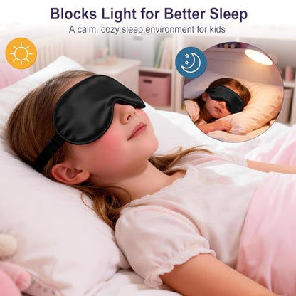Kids Sleep Mask, Kids Eye Mask for Boys Girls, Kid Silk Eye Masks with Adjustable Strap for Sleeping, 100% Light-Blocking Sleep Eye Cover, Includes Protective Laundry Bag (Black) - color: Black