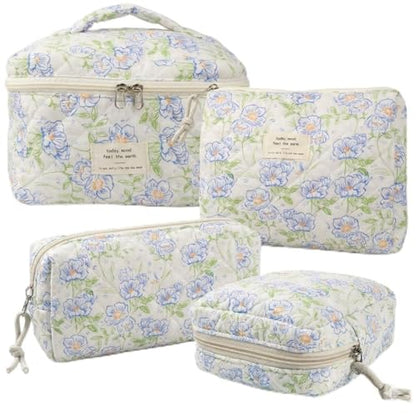 NATINSA Cute Makeup Bag for Women(2 Pcs), Travel Cosmetic Bags, Quilted Coquette Aesthetic Floral Toiletry Organizer Bag (49 - Green Leaf/4PCS) - color: 49 - Green Leaf/4PCS