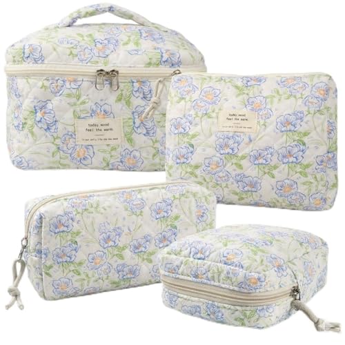 NATINSA Cute Makeup Bag for Women(2 Pcs), Travel Cosmetic Bags, Quilted Coquette Aesthetic Floral Toiletry Organizer Bag (49 - Green Leaf/4PCS) - color: 49 - Green Leaf/4PCS