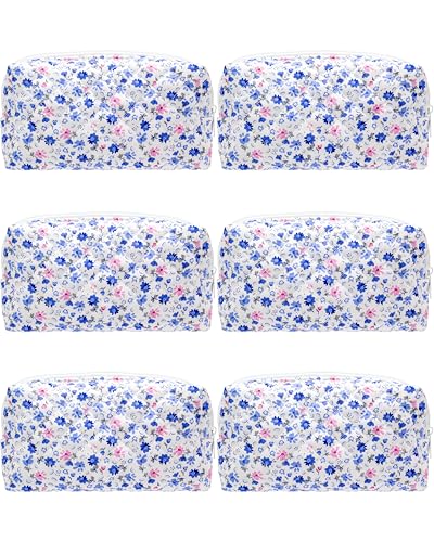 PAZIMIIK 6PCS Vintage Quilted Makeup Bag SET Cosmetic Pouch for Brushes Pencils and Travel Make Up Accessories for Women and Girls Flower Blue - color: Flower Blue, size: 6PCS