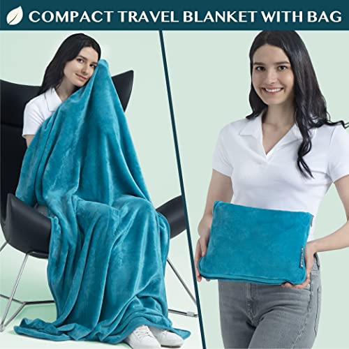 PAVILIA Travel Blanket Pillow, Soft Airplane Blanket 2-IN-1 Combo Set, Plane Blanket Compact Packable, Flight Essentials Car Pillow, Travelers Gifts Accessories Luggage Backpack Strap, 60x43 Teal Blue - color: Teal Blue