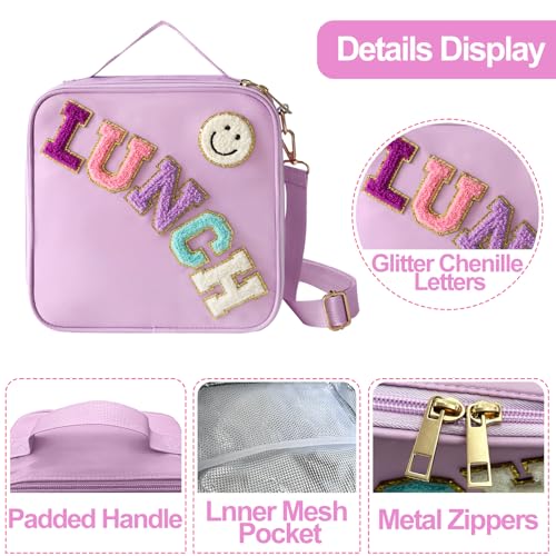 Insulated Lunch Bag With Adjustable Shoulder Strap, Nylon Preppy Lunch Box Large Insulated Lunch Bag Reusable Lunch Tote Bag with Smiley Preppy LunchBag for Girls School Travel Picnic (Purple) - color: Purple