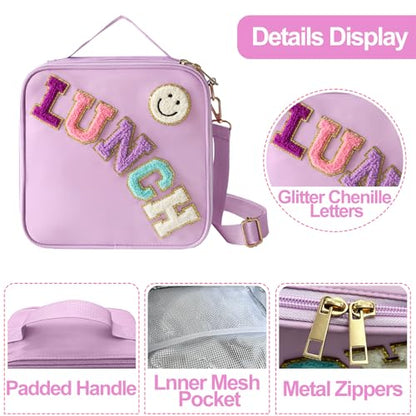 Insulated Lunch Bag With Adjustable Shoulder Strap, Nylon Preppy Lunch Box Large Insulated Lunch Bag Reusable Lunch Tote Bag with Smiley Preppy LunchBag for Girls School Travel Picnic (Purple) - color: Purple
