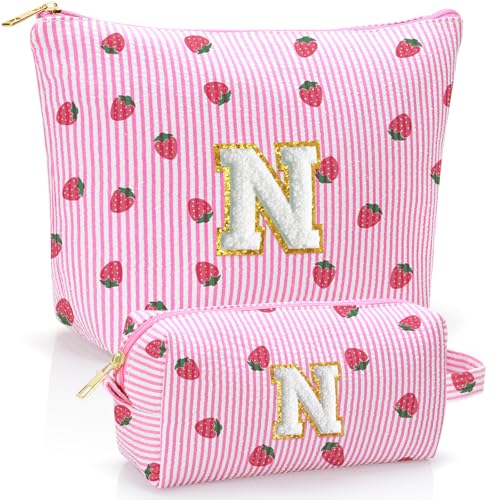 Personalized Initial Makeup Bag,Strawberry Print Preppy Cosmetic Toiletry Travel Bag,Trendy Letter Makeup Pouch for Teen Girls and Women,Holiday & Birthday Gift,2 Pack (N, Pink Strawberry) - style: N